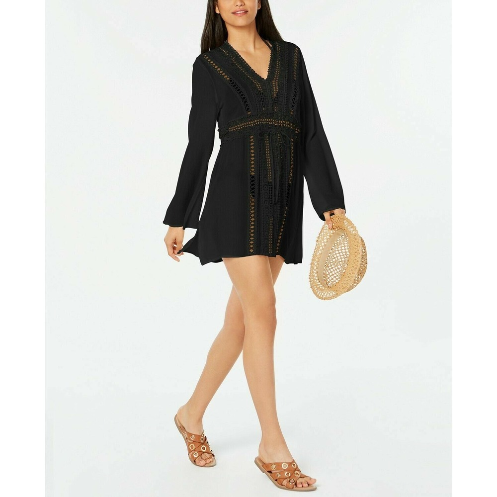Raviya Crochet Tunic Swimsuit Cover-Up Size Medium Black Long Sleeve NEW